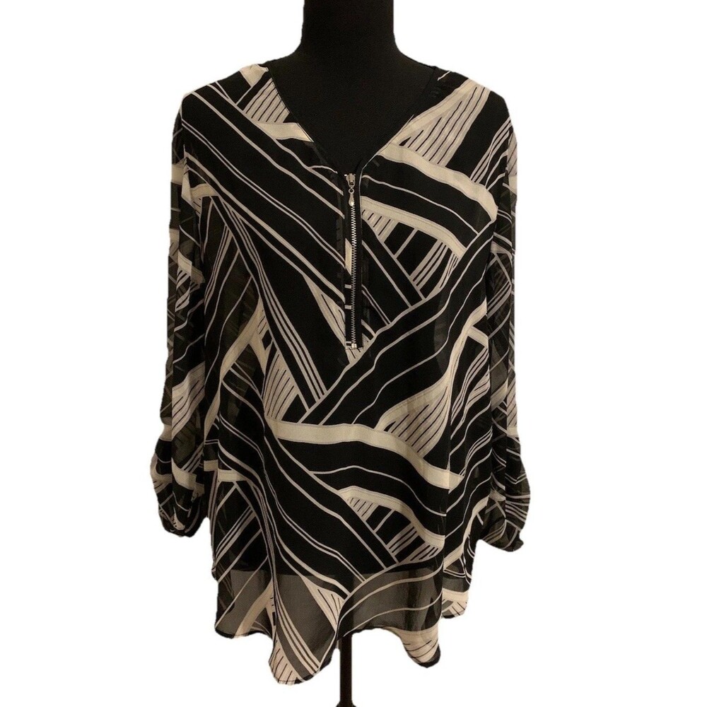 Easywear By Chicos Size 2 Womens Large Top Sheer Black White 3/4 Sleeve V Neck